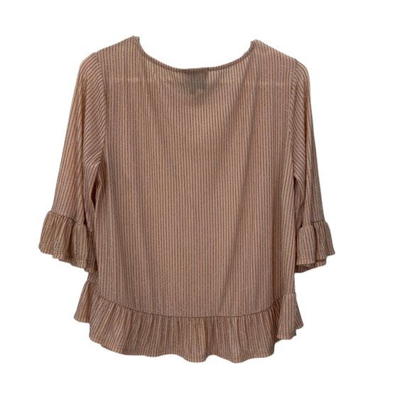 W5 Womens Ruffle Sleeve Rose Gold Metallic Striped Top Blouse SZ M Stretch - Picture 10 of 10